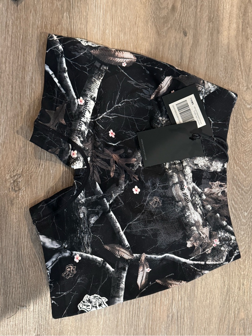 Darc Sport Black High-Waist Floral Branch Print Shorts with Pink Accents